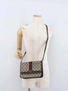 GUCCI Web Sherry Line GG Supreme Shoulder Bag PVC Beige Gold Auth ki6502